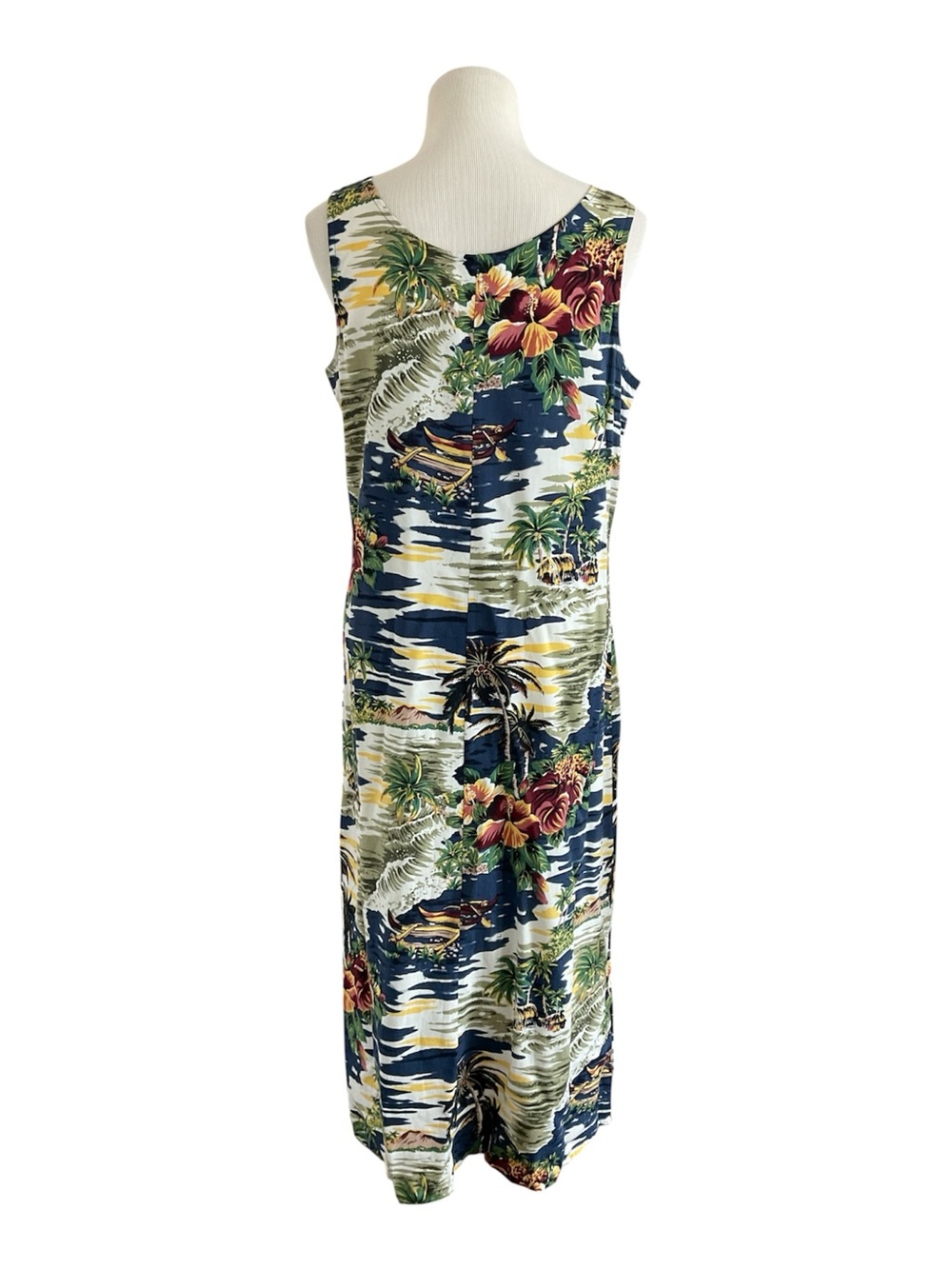 Vintage Hilo Hattie Hawaiian Dress MIDI Tank Scenic Outrigger Floral Blue M - Picture 5 of 6